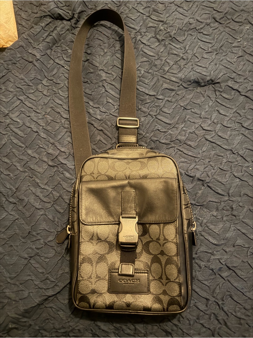 Coach Men's Black Signature Crossbody Sling with Leather Trim